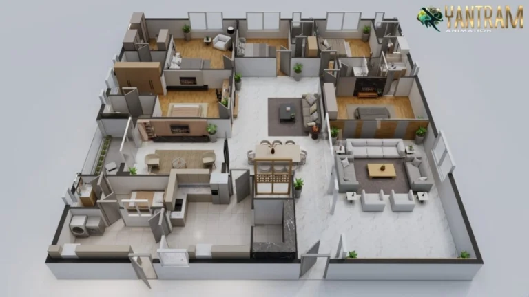 3D house floor plan with living room, bedrooms, kitchen, dining area, and bathroom layout design