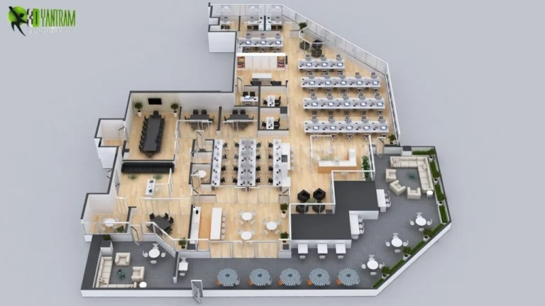 3D office floor plan rendering with open workspace, meeting rooms, conference area, breakout zones, and terrace seating