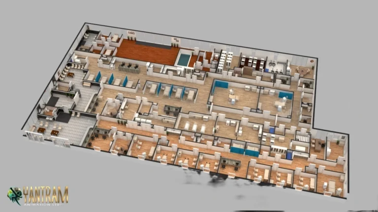 3D commercial floor plan with office spaces, workstations, meeting rooms, reception, and facility layout design