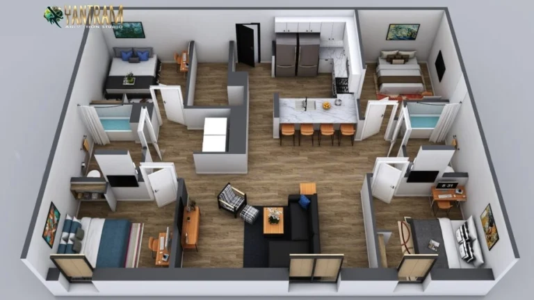 3D apartment floor plan with multiple bedrooms, shared living room, kitchen island, and bathrooms layout