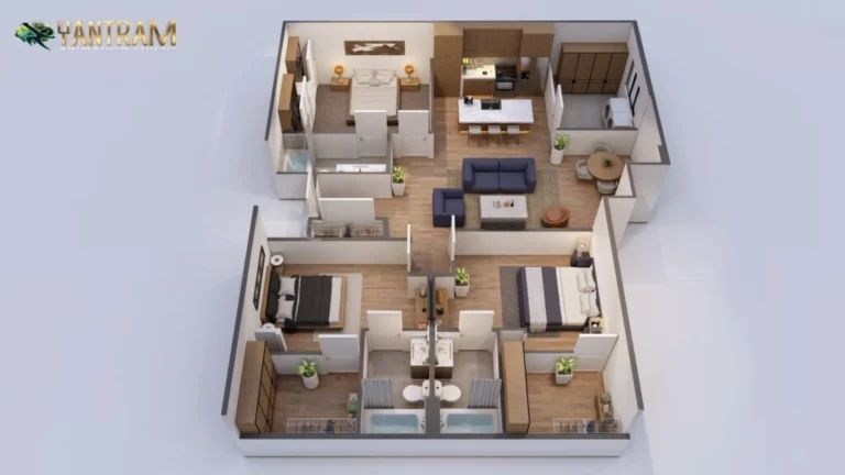 3D apartment floor plan with two bedrooms, open living room, kitchen, dining area, and bathroom layout