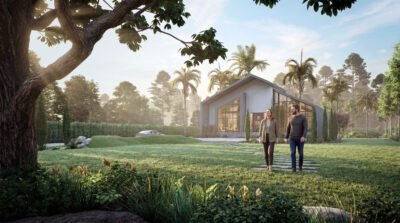 Modern house exterior 3D rendering with lush green landscape, palm trees, large glass windows, and couple walking in a serene outdoor setting