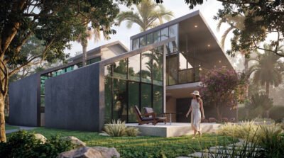 Modern luxury villa exterior 3D rendering with large glass windows, tropical landscaping, minimalist architecture, and outdoor seating area