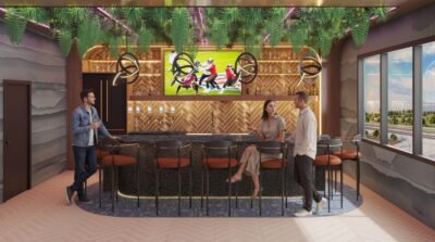 Modern sports bar interior 3D rendering with hanging plants ceiling, bar seating, TV screen, warm lighting, and people socializing in a stylish lounge