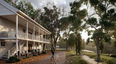 Modern lakeside house exterior 3D rendering with wooden structure, balcony, trees, walking path, and peaceful natural environment