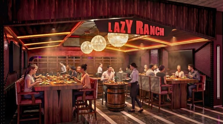 3D rendering of a luxury restaurant interior with warm ambient lighting, wooden bar seating, hanging pendant lights, and people dining under a “Lazy Ranch” sign