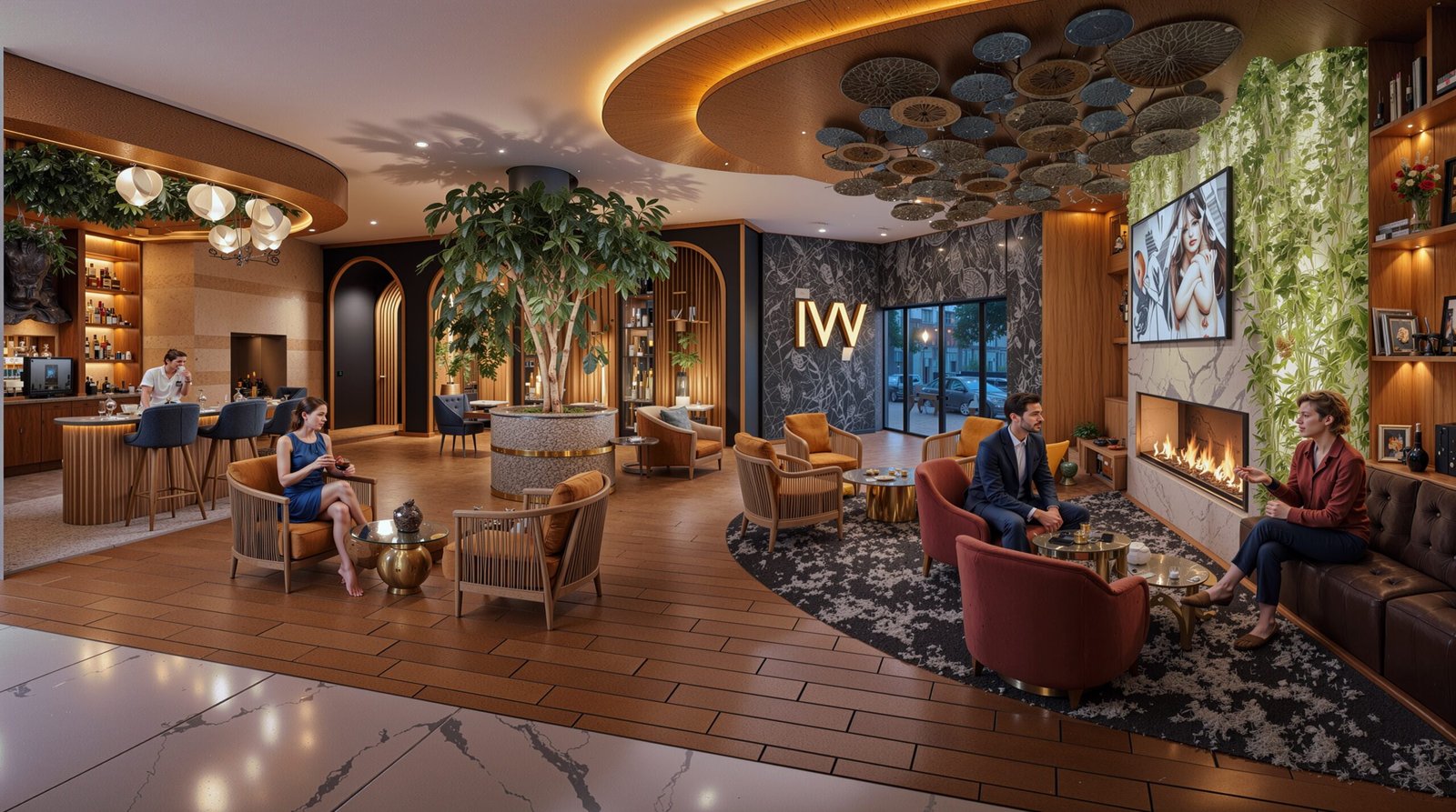 Luxury hotel lobby interior with lounge seating, bar area, fireplace, and decorative ceiling – photorealistic 3D interior rendering