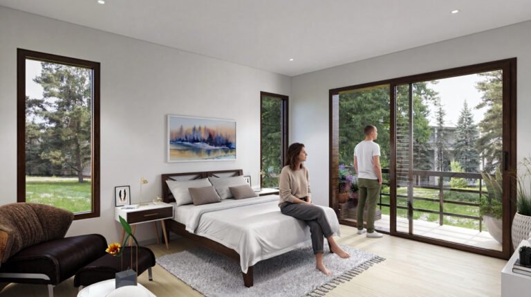 Modern bedroom interior 3D rendering with wooden bed, large glass sliding doors, natural daylight, balcony view, and minimal decor