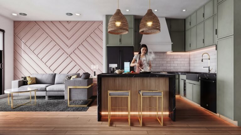 Modern kitchen interior 3D rendering with island counter, pendant lights, green cabinets, wooden flooring, and open living room layout