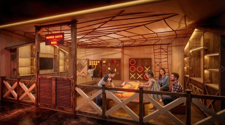 Modern indoor kids play area 3D rendering with wooden design, interactive games, tic tac toe wall, rope climbing structure, and family enjoying activity space